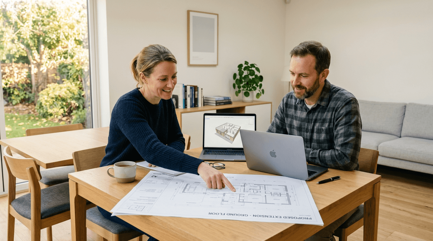 UK homeowners reviewing home extension architectural plans and AI-generated cost estimates together
