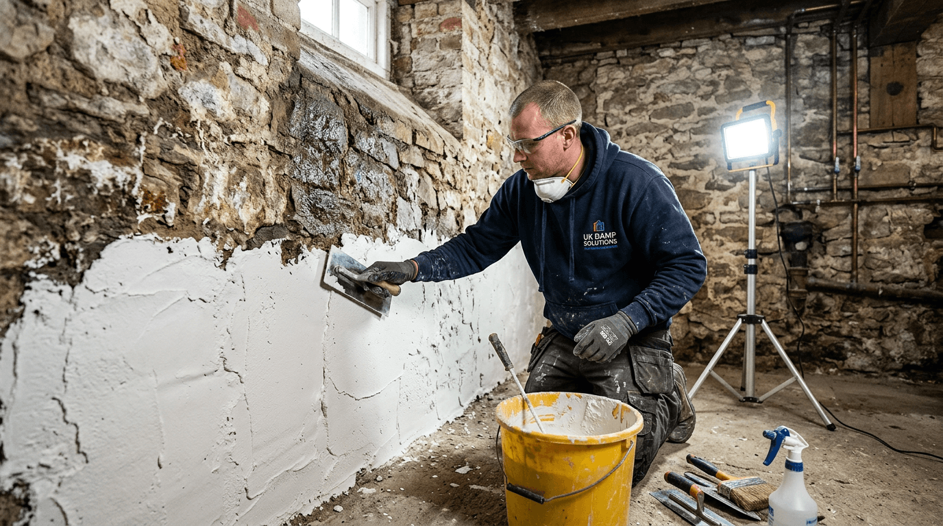 Specialist applying damp-proof render to a stone cellar wall