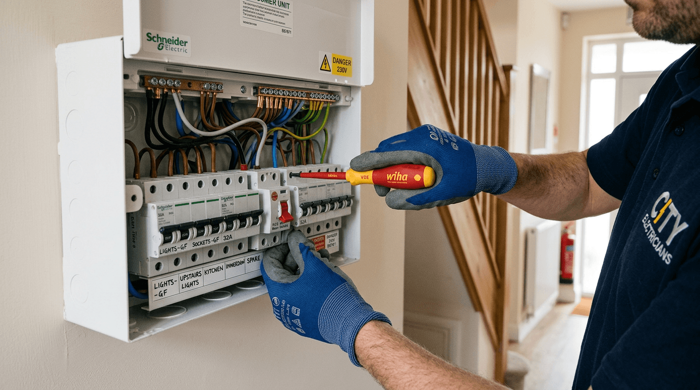 Electrician inspecting a UK consumer unit fuse box