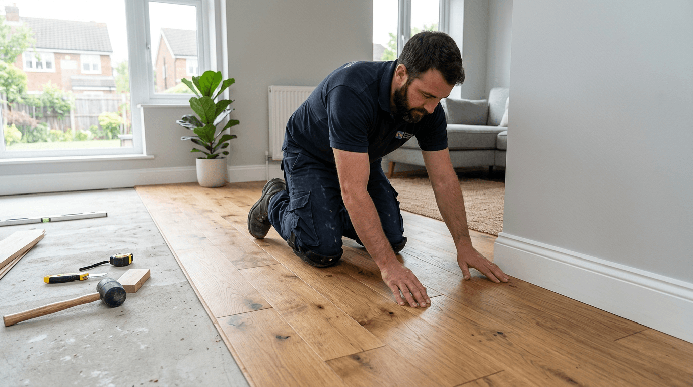 Floor fitter laying engineered oak hardwood in a UK living room
