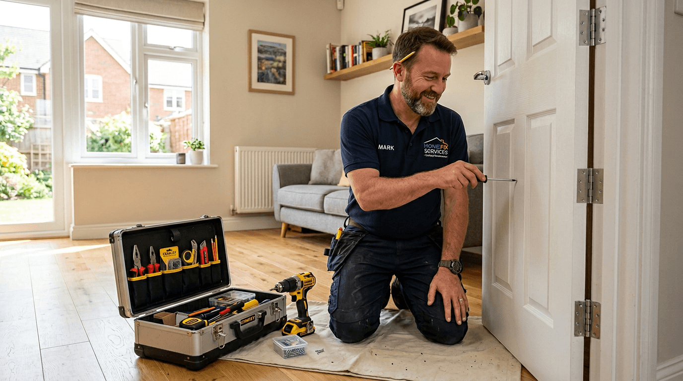 Handyman fixing a door hinge in a bright UK home interior