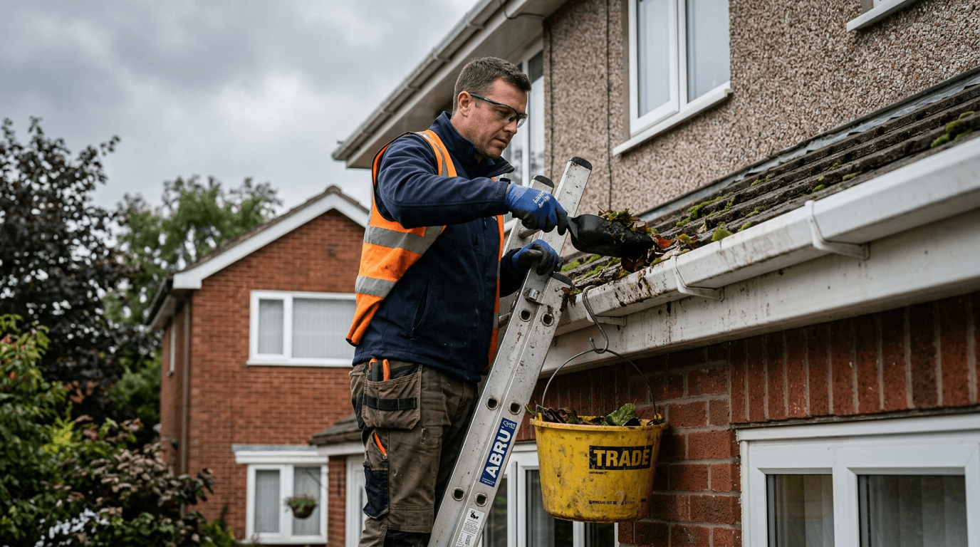 Tradesperson clearing and repairing gutters on a UK semi-detached house