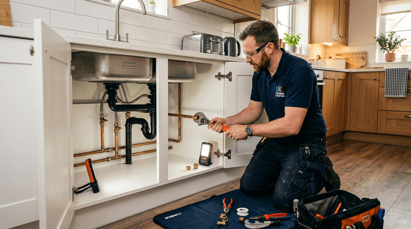 Plumber repairing copper pipes under a kitchen sink