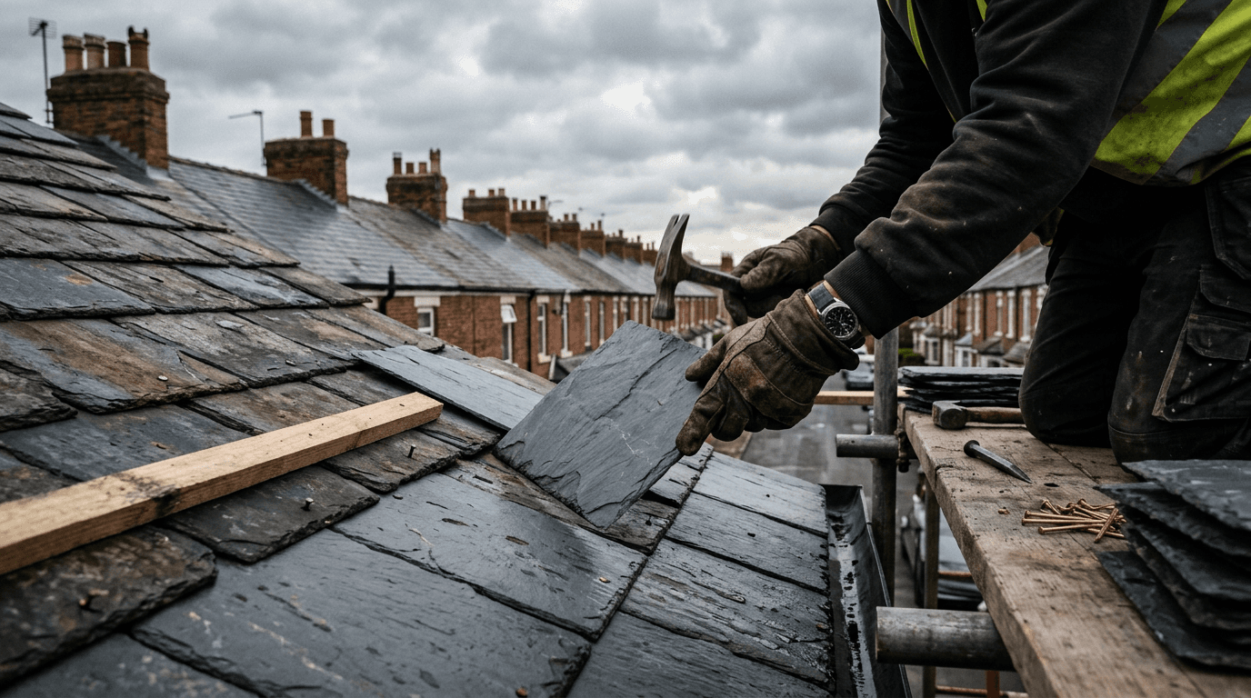 Roofer replacing slate tiles on a UK terraced house