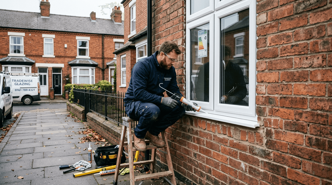 Glazier fitting a new uPVC window on a UK terraced house