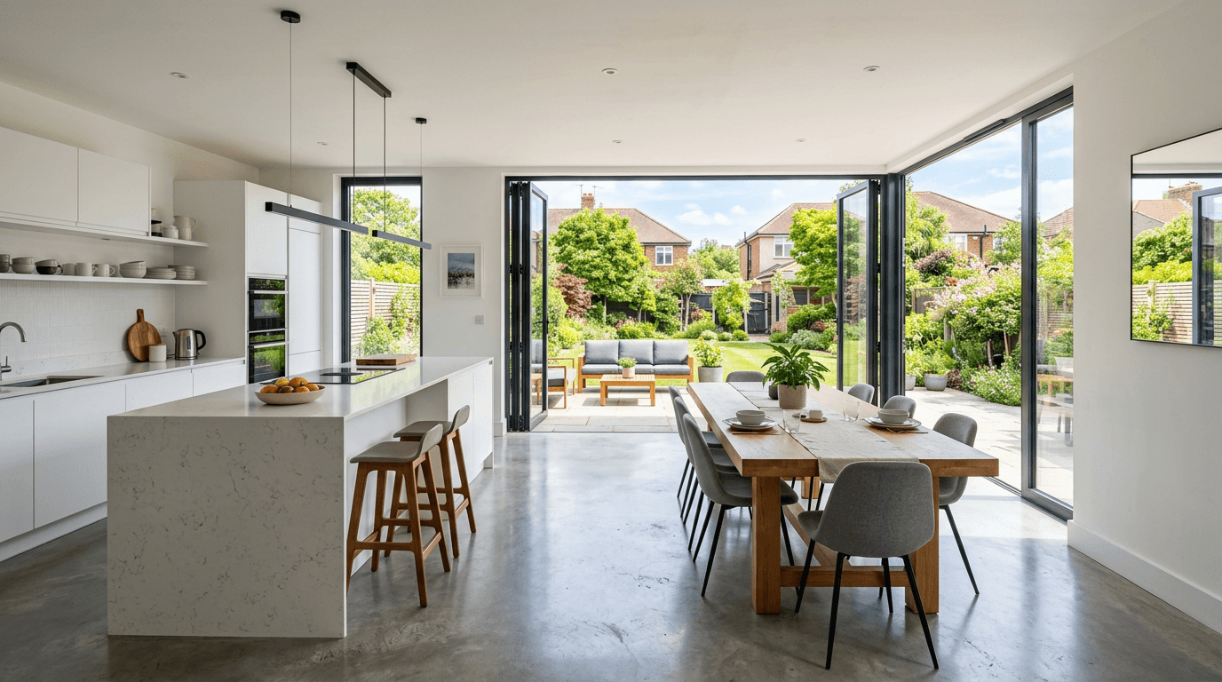 Modern UK kitchen-diner rear extension with bifold doors opening onto a landscaped garden - the kind of project ResiQuote helps you price transparently